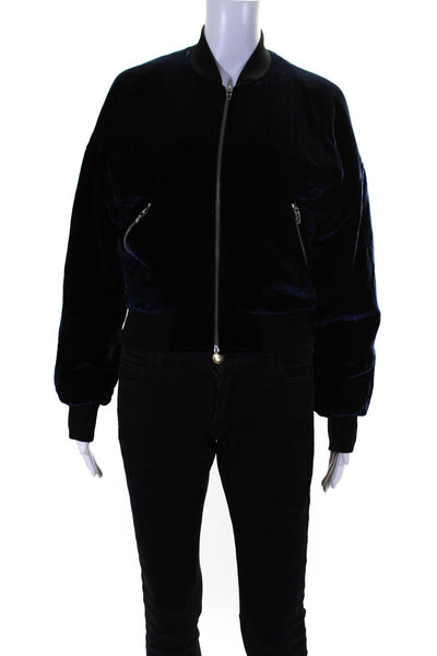 Alexander Wang Womens Front Zip Mock Neck Velvet Bomber Jacket Blue Size Small