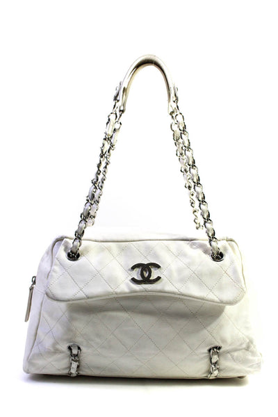 Chanel Womens Leather Quilted Chain Strap Sharpei Bowler Handbag White Silver To
