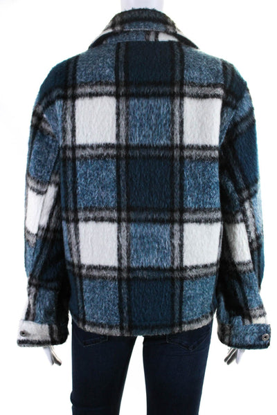 Zara Womens Plaid Tight Knit Long Sleeved Buttoned Jacket Blue White Size XS
