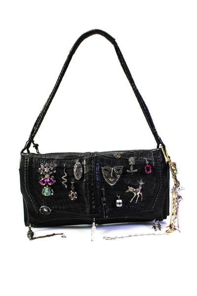 KMRii Womens Croc Embossed Crystal Multi Pin Shoulder Handbag Black Leather