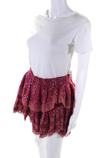 Love Shack Fancy Womens Elastic Waistband Lace Trim Ikat Tiered Skirt Pink Small