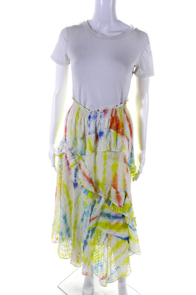 Tanya Taylor Womens Elastic Waistband Abstract Ruffled Silk Skirt White Multi 0
