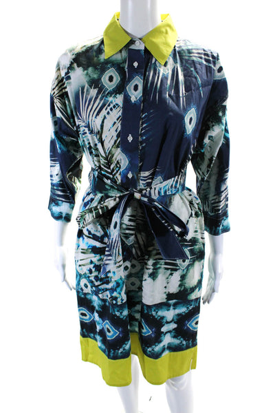 Sara Roka Womens Abstract Watercolor Ikat Long Sleeve Shirt Dress Blue Size IT42
