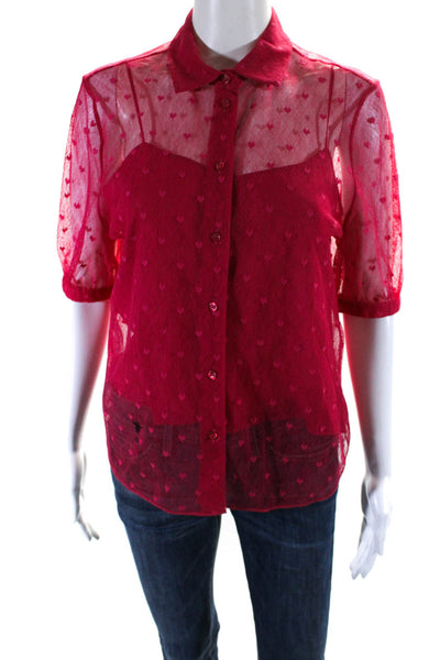 Christian Dior Womens Embroidered Heart Mesh Button Up Top Blouse Pink Size 8