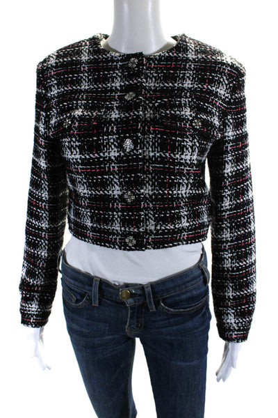 Chanel Womens Plaid Tweed Cropped Button Up Jacket Black White Pink Size FR 38