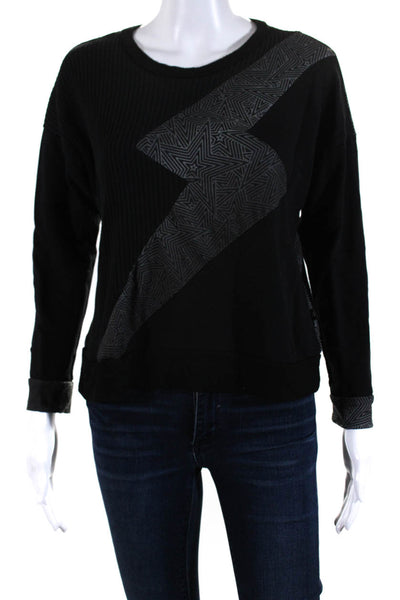 Terez Women's Crewneck Long Sleeves Ribbed Pullover Sweatshirt Black Size S