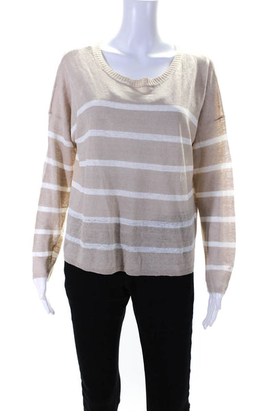 Eileen Fisher Womens Scoop Neck Striped Linen Sweatshirt Beige White Size Medium