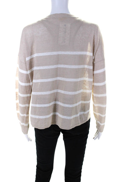 Eileen Fisher Womens Scoop Neck Striped Linen Sweatshirt Beige White Size Medium