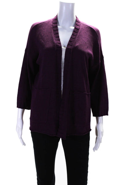 Eileen Fisher Womens 3/4 Sleeve Open Front Cardigan Sweater Purple Linen Small