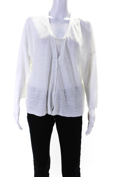 Eileen Fisher Womens 3/4 Sleeve Open Knit Cardigan Sweater White Linen Medium