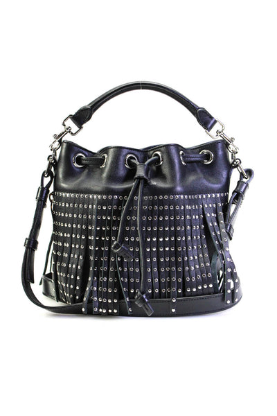 Saint Laurent Womens Emmanuel Small Studded Fringe Bucket Handbag Black Leather