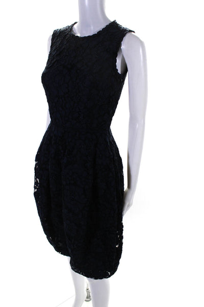 CH Carolina Herrera Womens Floral Knit Sleeveless Bubble Dress Navy Blue Size 0