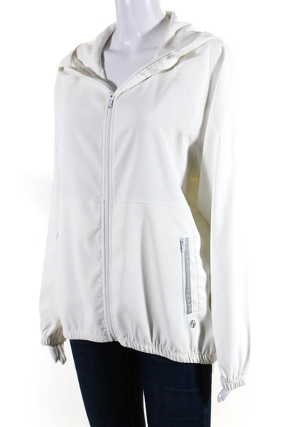 Lija Women's Hood Long Sleeves Full Zip Pockets Cinch Waist Jacket White Size L