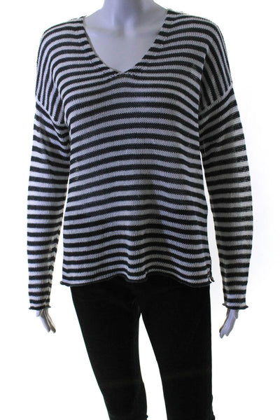Eileen Fisher Womens Open Knit Striped V Neck Sweater White Gray Size Small
