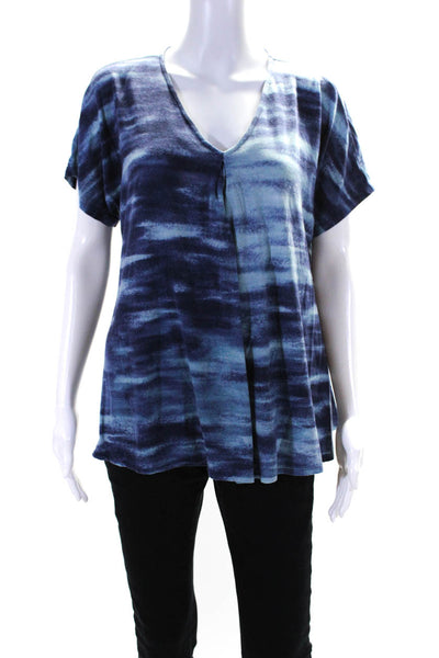 Donna Karan New York Womens Short Sleeve V Neck Abstract Shirt Blue Size Large