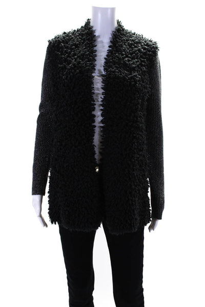 Neiman Marcus Womens Metallic Knit Fringe Cashmere Cardigan Sweater Black Small
