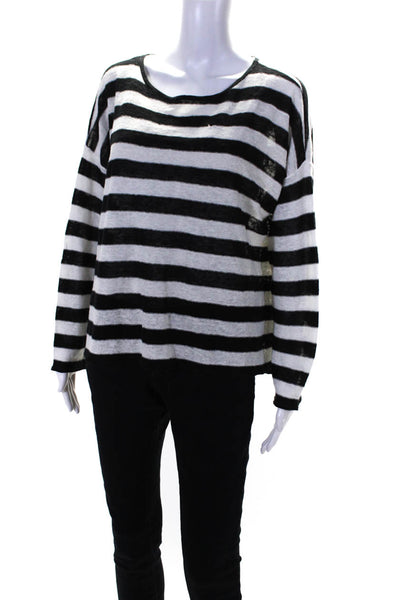 Eileen Fisher Womens Oversized Scoop Neck Stripe Linen Sweater White Black Small