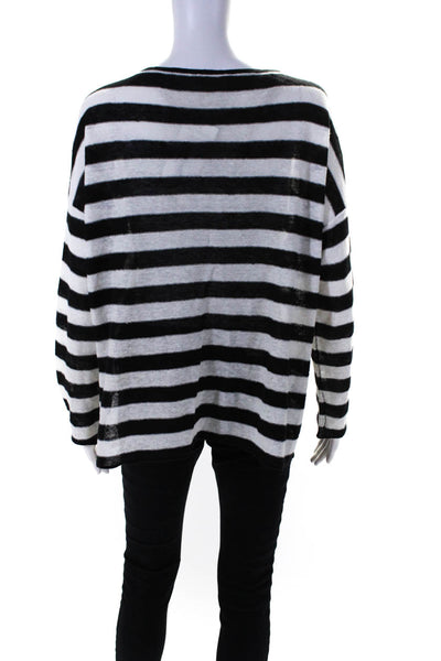 Eileen Fisher Womens Oversized Scoop Neck Stripe Linen Sweater White Black Small