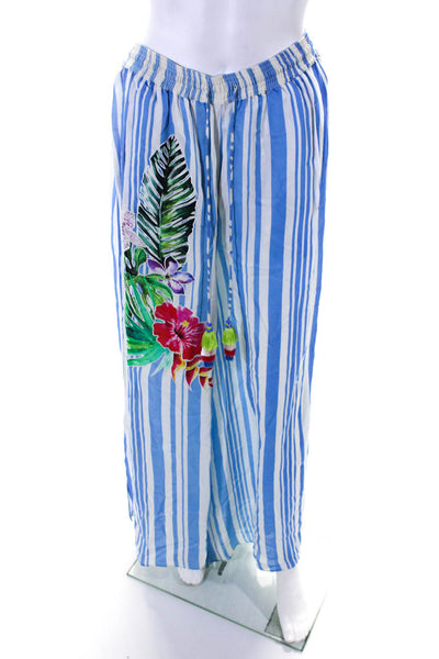 Rococo Sand Womens Blue Striped Floral Drawstring High Rise Wide Leg Pants SizeL