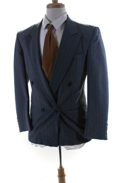 Di Vicenzo Mens Striped Double Breasted Blazer Jacket Blue Size 36