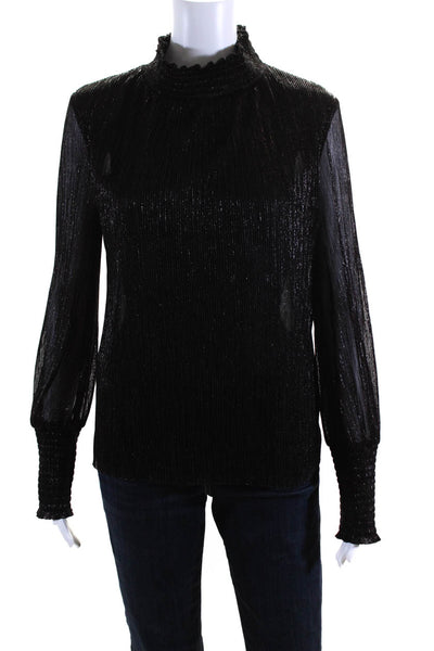 Jay Godfrey Womens Metallic Long Sleeve High Neck Smocked Blouse Black Size 2