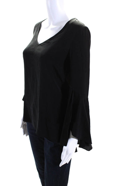 Jay Godfrey Womens Silk Long Bell Sleeve V Neck Blouse Black Size 2