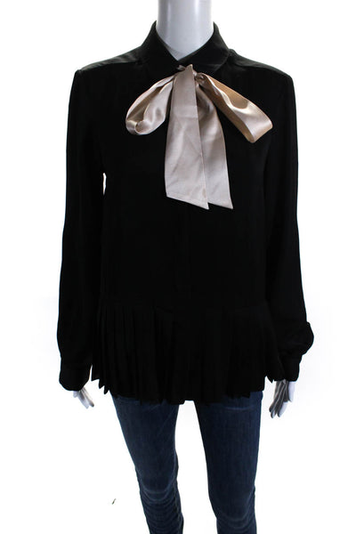 Jay Godfrey Womens Collared Tied Neck Pleated Buttoned Shirt Black Pink Size 4