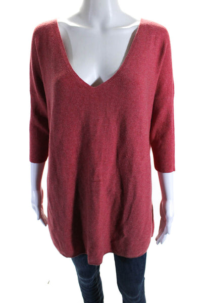 Eileen Fisher Womens Half Sleeve Oversized V Neck Sweatshirt Red Cotton Large