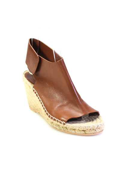 Celine Womens Peep Toe Espadrille Ankle Strap Wedge Sandals Brown Leather Size 6