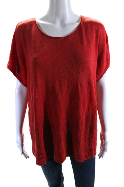 Eileen Fisher Womens Short Sleeve Scoop Neck Linen Knit Tee Shirt Red Size Large