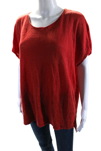 Eileen Fisher Womens Short Sleeve Scoop Neck Linen Knit Tee Shirt Red Size Large