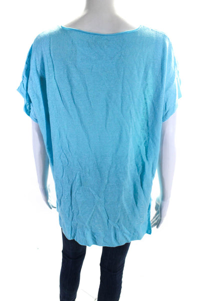 Eileen Fisher Womens Short Sleeve Scoop Neck Linen Knit Tee Shirt Blue Large