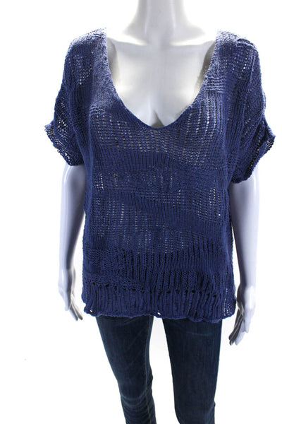 Eileen Fisher Womens Short Sleeve Open Knit V Neck Top Blue Cotton Size Large