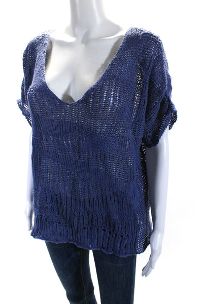 Eileen Fisher Womens Short Sleeve Open Knit V Neck Top Blue Cotton Size Large