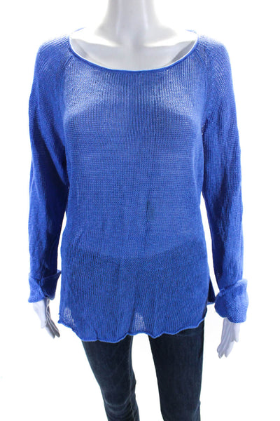 Eileen Fisher Womens Open Knit Round Neck Sweater Blue Linen Size Extra Large