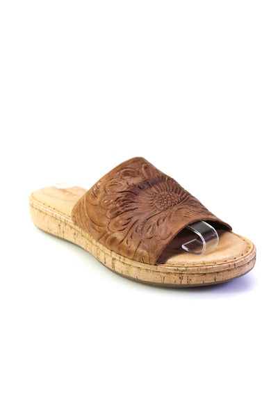 Born Womens Debossed Floral Leather Flat Slides Sandals Tan Size 39 8