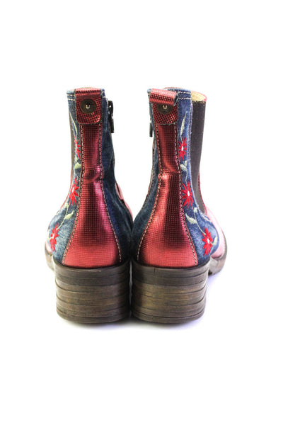 Dromedaris Womens Leather Denim Embroidered Floral Ankle Boots Red Blue Sz 38 8