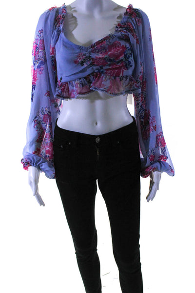 House of Harlow 1960 Womens Floral Print Cropped Blouse Blue Size Medium