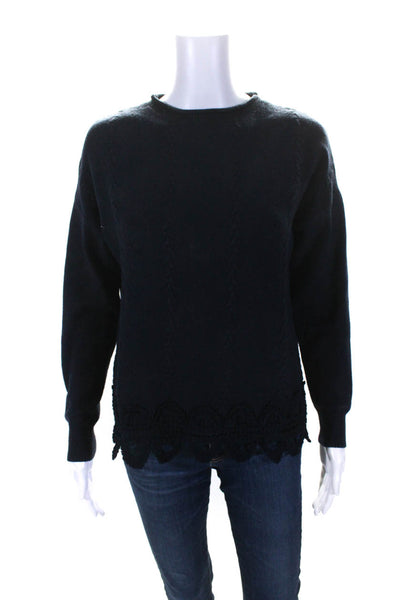 529 Womens High Neck Braided Knit Pullover Sweater Navy Blue Size Medium