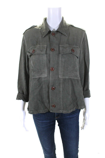 Amo Womens 3/4 Sleeve Twill Button Up Pocket Jacket Olive Green Size Small