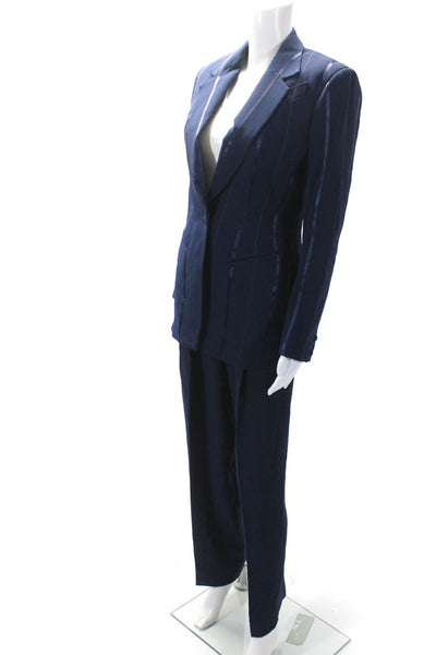 Richard Tyler Womens Navy Blue One Button Striped Blazer Pants Suit Set Size 6