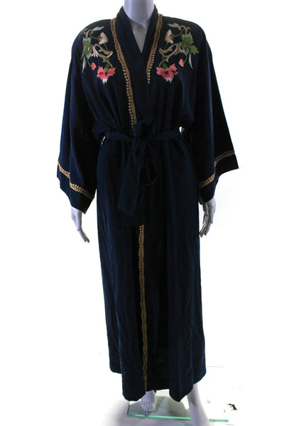 Natori Womens Navy Floral Print Embroidered Long Sleeve Belt Robe Size M