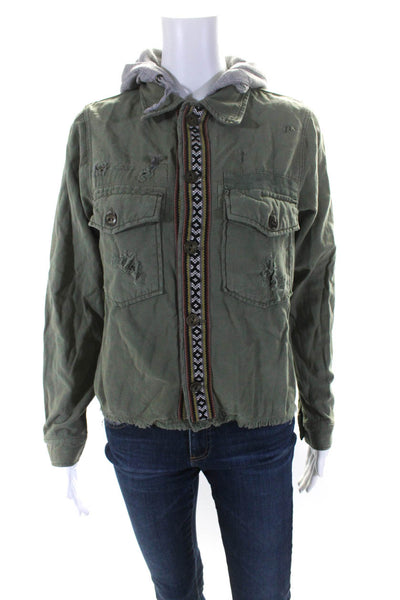 Free People Women's Hood Long Sleeves Button Down Jacket Olive Green Size XS