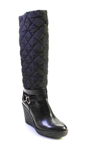 Moncler Womens Black Quilted Wedge Heels Knee High Boots Shoes Size 10