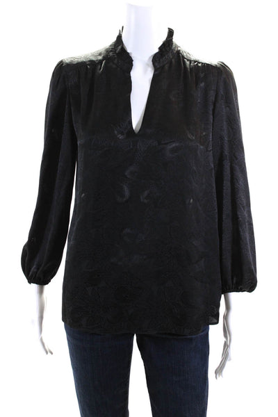 Joie Womens Floral Print Long Sleeves Ruffled Neck Blouse Black Size Small