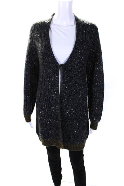 Luisa Cerano Womens Single Button Sequin Knit Cardigan Jacket Gray Brown Size 8