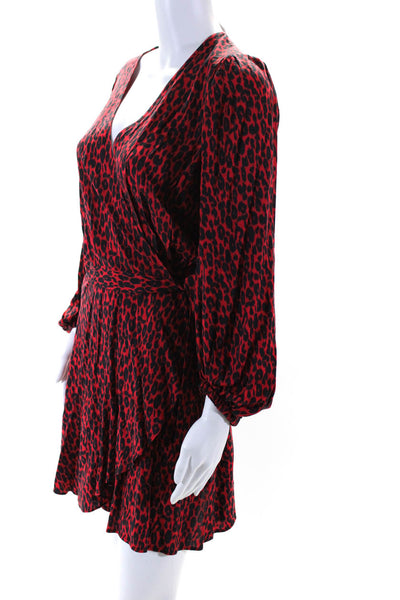 IRO Womens Leopard Print V-Neck Long Sleeve Wrap Dress Red Black Size 38