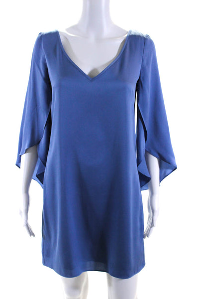 Milly Womens Silk Charmeuse V-Neck Long Bell Sleeve Shift Dress Blue Size 4