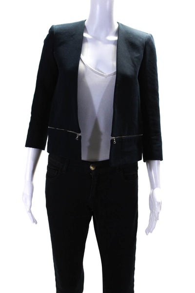 Sandro Womens Zipper Hem 3/4 Sleeve Open Front Twill Jacket Navy Size FR 36