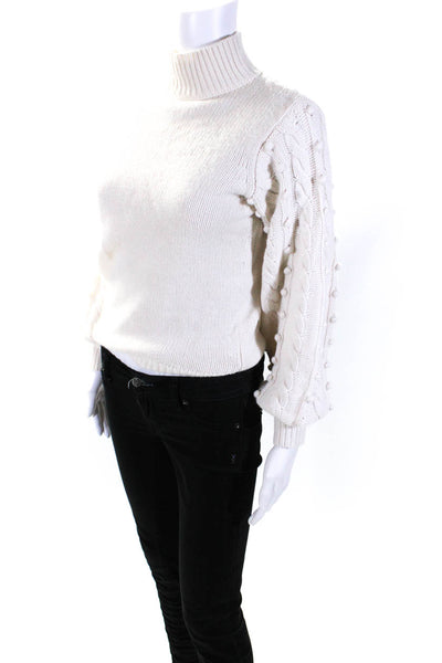 Autumn Cashmere Womens Pullover Pom Pom Sleeve Turtleneck Sweater White Small
